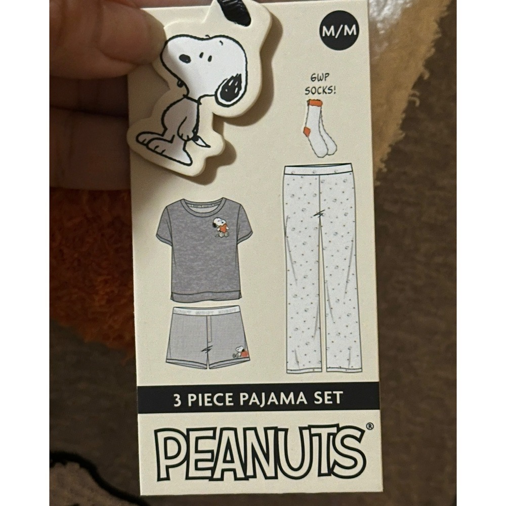 Peanuts Snoopy Halloween Pajama Set 3 Piece Plus Socks Gray White Pumpkin Mens M - Picture 3 of 3
